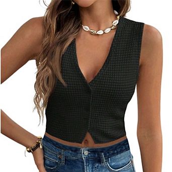 Women's Waffle Knit Cropped Vest V Neck Button Sleeveless Summer Casual Slim Shirt Soft Top