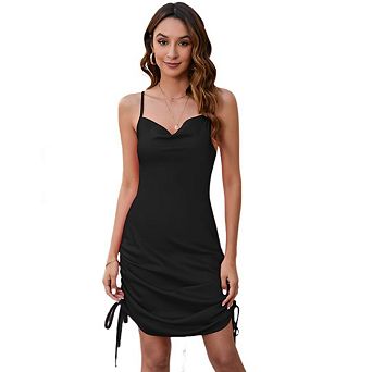 Women's Satin Sleeveless Spaghetti Strap Mini Dress Slip Cowl Neck Silky Summer Casual Beach Dress