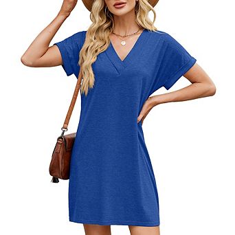 Women Casual V-Neck T-Shirt Dress Rolled Short Sleeves Loose Fit Summer Mini Dress
