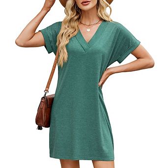 Women Casual V-Neck T-Shirt Dress Rolled Short Sleeves Loose Fit Summer Mini Dress