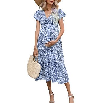 Women's Summer V Neck Short Sleeve Maternity Dress Empire Waist Tiered Boho Dress for Baby Shower