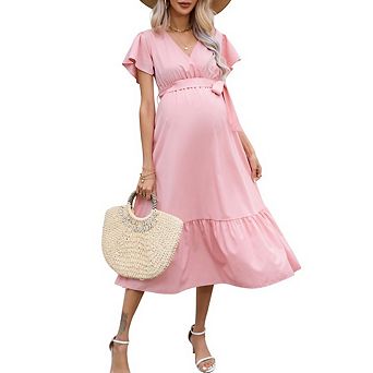 Women's Summer V Neck Short Sleeve Maternity Dress Empire Waist Tiered Boho Dress for Baby Shower