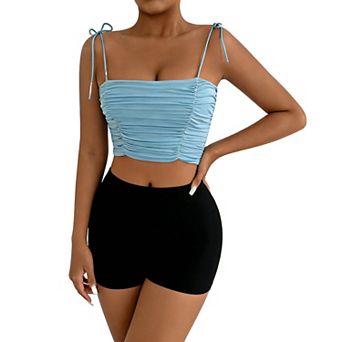 Women's Ruched Tie-Strap Crop Cami, Slim-Fit Square Neck Summer Tank Top