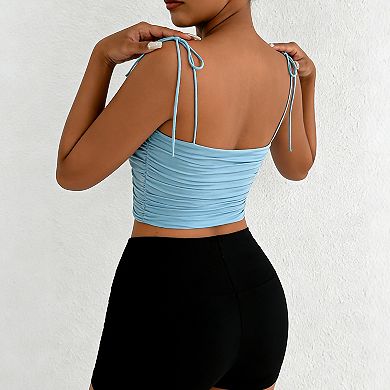 Women's Ruched Tie-Strap Crop Cami, Slim-Fit Square Neck Summer Tank Top