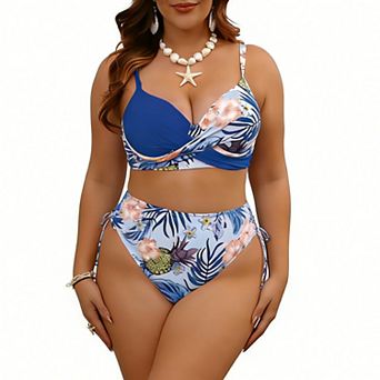 Women's Plus Size Twist-Front Bikini Set, High-Waisted Tropical Print Swimsuit