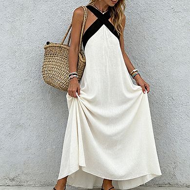 Women's Halter Neck Contrast Strap Flowy A Line Elegant Summer Maxi Dress