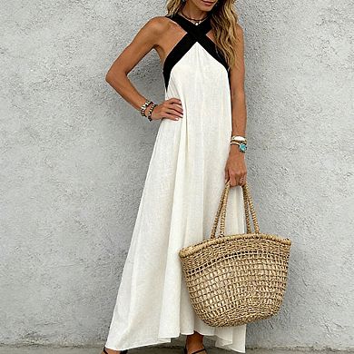 Women's Halter Neck Contrast Strap Flowy A Line Elegant Summer Maxi Dress