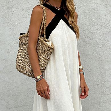 Women's Halter Neck Contrast Strap Flowy A Line Elegant Summer Maxi Dress