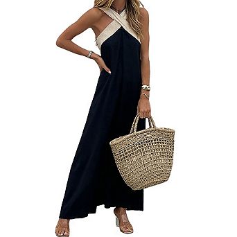 Women's Halter Neck Contrast Strap Flowy A Line Elegant Summer Maxi Dress