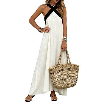 Women's Halter Neck Contrast Strap Flowy A Line Elegant Summer Maxi Dress