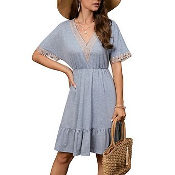 Women's Summer Dress Hollow Out Lace V Neck Short Sleeve A Line Midi Dresses