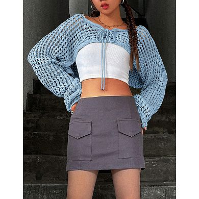 Women Cropped Knit Top Tie Front Hollow Out Shrug Sweater