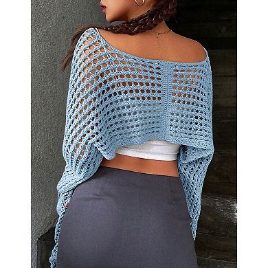 Women Cropped Knit Top Tie Front Hollow Out Shrug Sweater