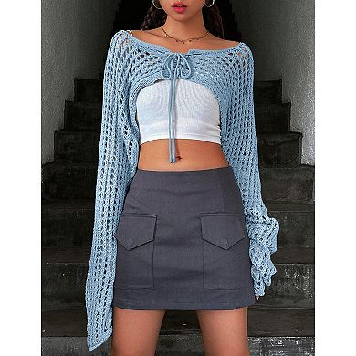 Women Cropped Knit Top Tie Front Hollow Out Shrug Sweater