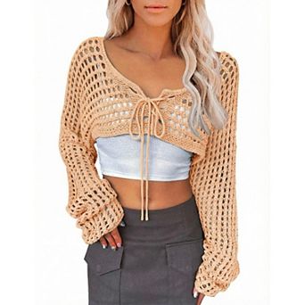 Women Cropped Knit Top Tie Front Hollow Out Shrug Sweater