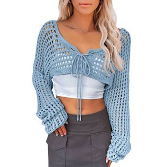 Women Cropped Knit Top Tie Front Hollow Out Shrug Sweater