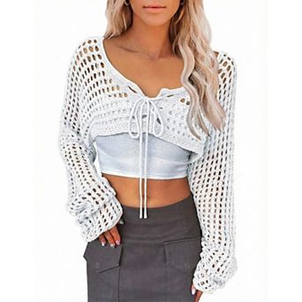 Women Cropped Knit Top Tie Front Hollow Out Shrug Sweater