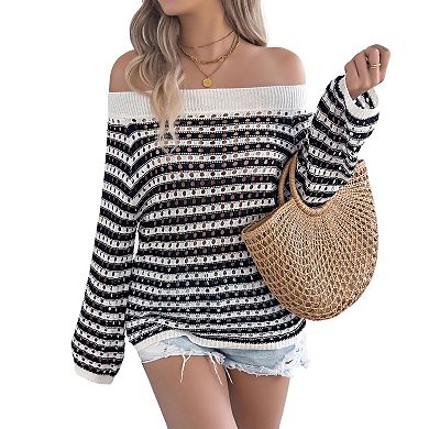 Women's Off-Shoulder Striped Knit Sweater, Openwork Long Sleeve Casual Top