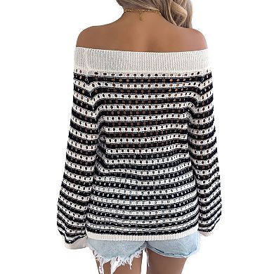 Women's Off-Shoulder Striped Knit Sweater, Openwork Long Sleeve Casual Top
