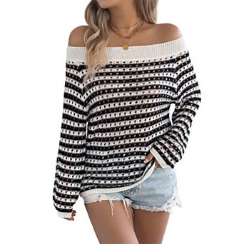 Women's Off-Shoulder Striped Knit Sweater, Openwork Long Sleeve Casual Top