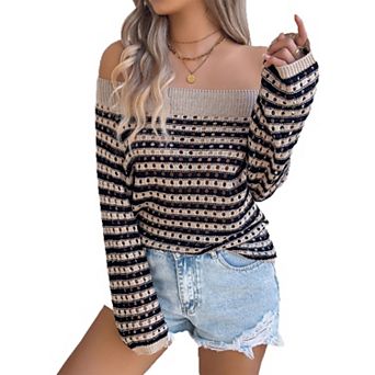 Women's Off-Shoulder Striped Knit Sweater, Openwork Long Sleeve Casual Top