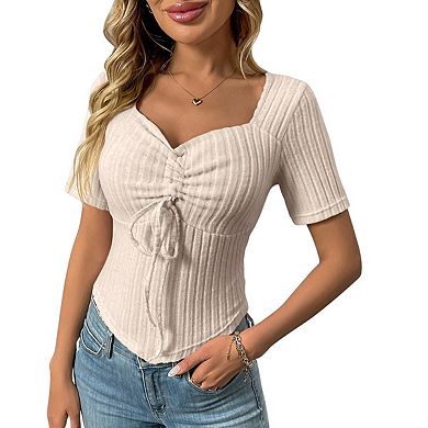 Women's T Shirt Ribbed Knit Drawstring Sweetheart Neck Short Sleeve ...