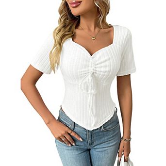 Women's T Shirt Ribbed Knit Drawstring Sweetheart Neck Short Sleeve Slim Fit T Shirt Tops