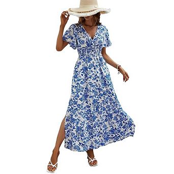 Women's Boho Floral V Neck Short Sleeve Beach Maxi Dresses A Line Ruffle Hem Side Slit Dress