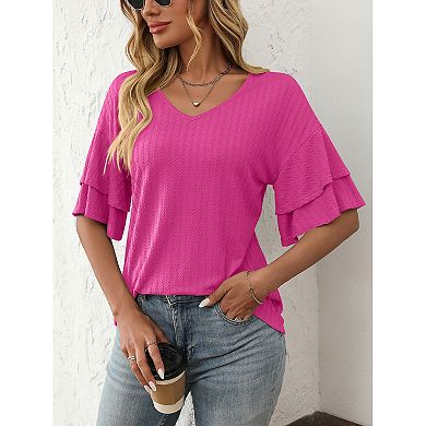 Women's Solid Color V-Neck Double-Layer Short-Sleeved T-Shirt
