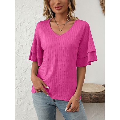 Women's Solid Color V-Neck Double-Layer Short-Sleeved T-Shirt
