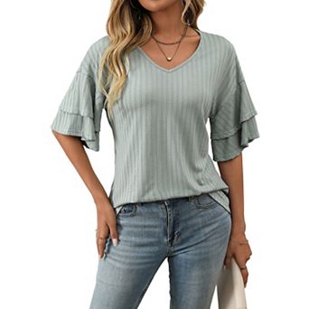 Women's Solid Color V-Neck Double-Layer Short-Sleeved T-Shirt