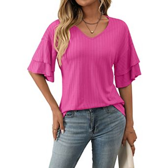 Women's Solid Color V-Neck Double-Layer Short-Sleeved T-Shirt