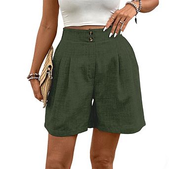 Women High Waisted Shorts Pleated Wide Leg Summer Shorts with Pockets & Elastic Back