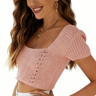 Women's Crochet Lace Crop Top, Square Neck Lace-Up Back Puff Sleeve Summer Top