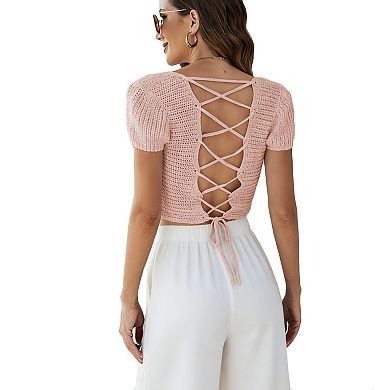 Women's Crochet Lace Crop Top, Square Neck Lace-Up Back Puff Sleeve Summer Top