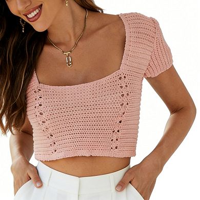Women's Crochet Lace Crop Top, Square Neck Lace-Up Back Puff Sleeve Summer Top