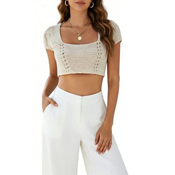 Women's Crochet Lace Crop Top, Square Neck Lace-Up Back Puff Sleeve Summer Top