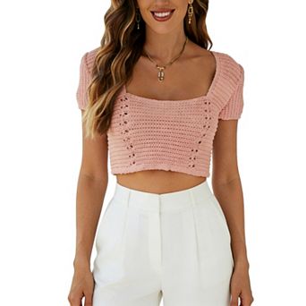 Women's Crochet Lace Crop Top, Square Neck Lace-Up Back Puff Sleeve Summer Top