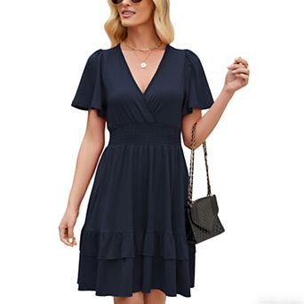 Womens Flutter Short Sleeve Wrap V Neck Mini Dress Ruffle Hem Flowy Summer Casual A Line Short Dress