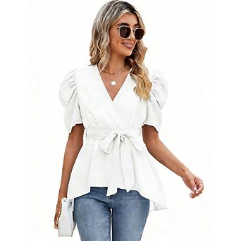 Women's Casual Office Top V Neck Puff Short Sleeve Tie Waist Asymmetric Hem Loose Fit Summer Blouse