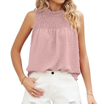 Womens Casual Tank Top Mock Neck Smocke Bodice Swiss Dot Jacquard Loose Fit Sleeveless Summer Blouse