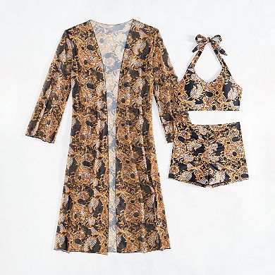 Women's 3-Piece Beach Outfit Halter Top Shorts Sheer Kimono Cover Up