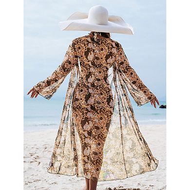 Women's 3-Piece Beach Outfit Halter Top Shorts Sheer Kimono Cover Up