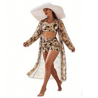 Women's 3 pc Beach Outfit Halter Top Shorts Sheer Kimono Cover Up