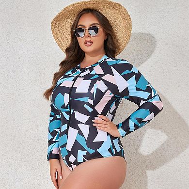 Women's Plus Size Long-Sleeve Rash Guard, Geometric Print Zipper-Front One-Piece Swimsuit