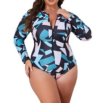 Women's Plus Size Long-Sleeve Rash Guard, Geometric Print Zipper-Front One-Piece Swimsuit