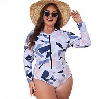 Women's Plus Size Long-Sleeve Rash Guard, Geometric Print Zipper-Front One-Piece Swimsuit