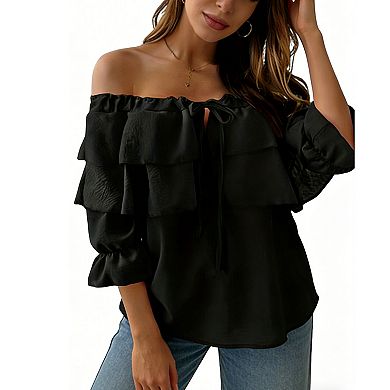 Women's Off-Shoulder Ruffle Blouse, Double-Layered Flounce 3/4 Bell Sleeve Tie Front Summer Top