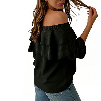 Women's Off-Shoulder Ruffle Blouse, Double-Layered Flounce 3/4 Bell Sleeve Tie Front Summer Top
