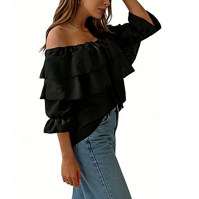 Women's Off-Shoulder Ruffle Blouse, Double-Layered Flounce 3/4 Bell Sleeve Tie Front Summer Top